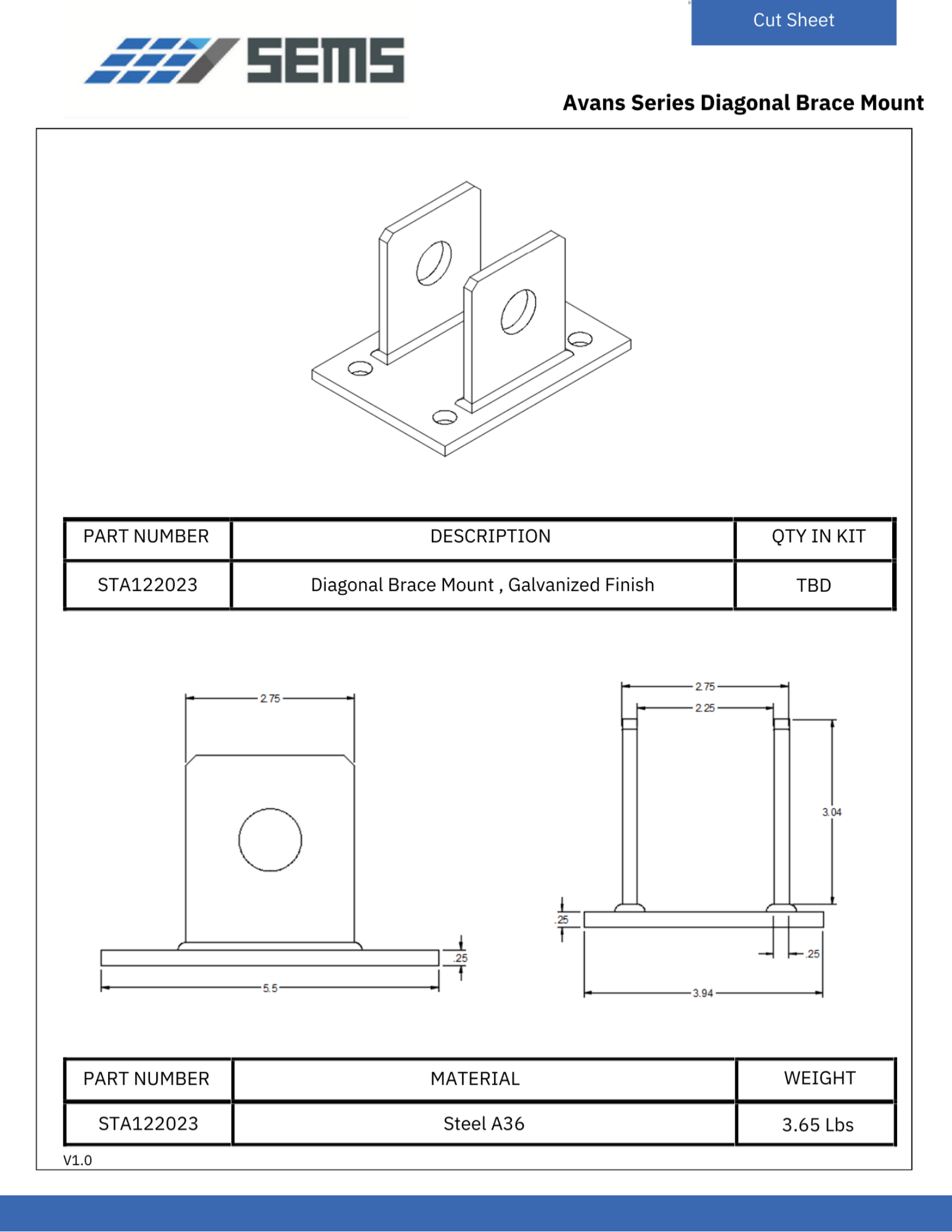 Diagonal Brace Mount cut sheet
