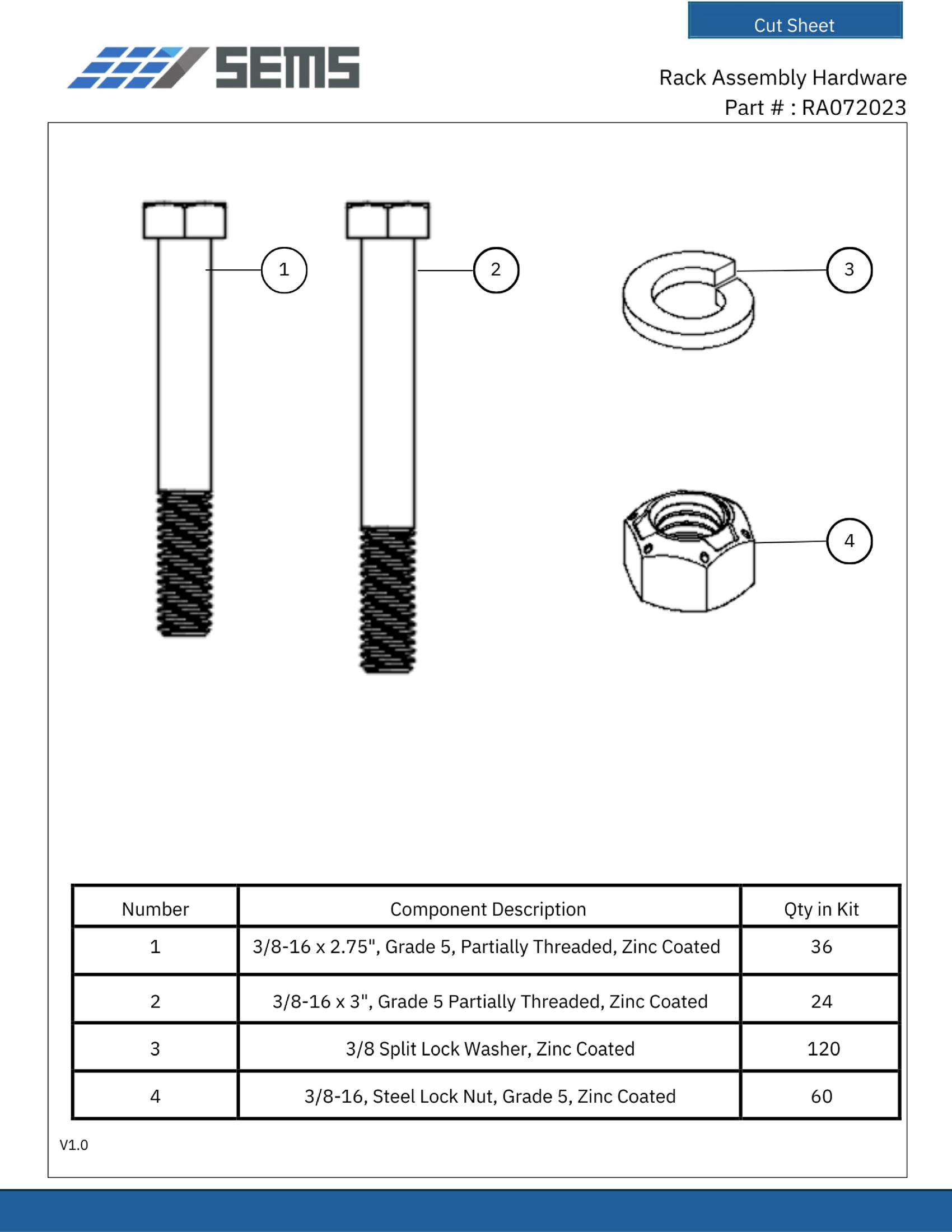 Rack Assembly Hardware cut sheet