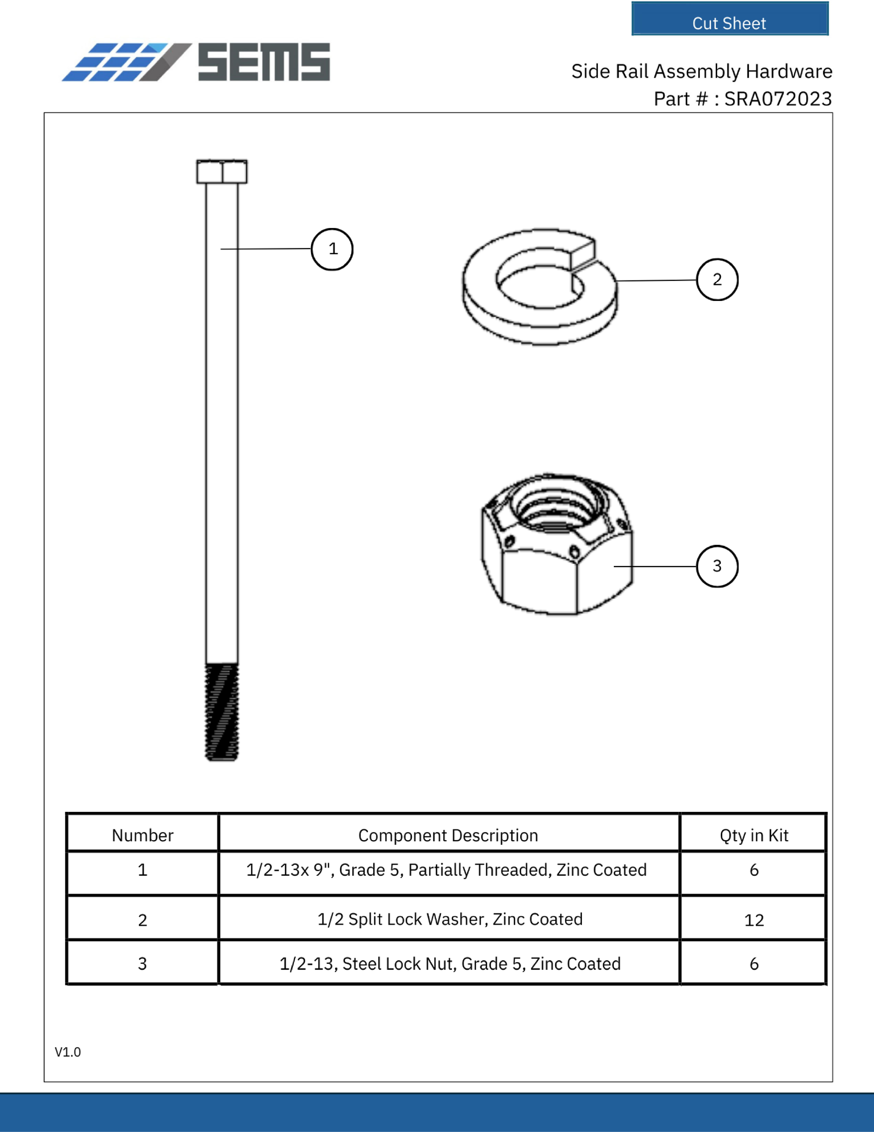 Side Rail Assembly Hardware cut sheet